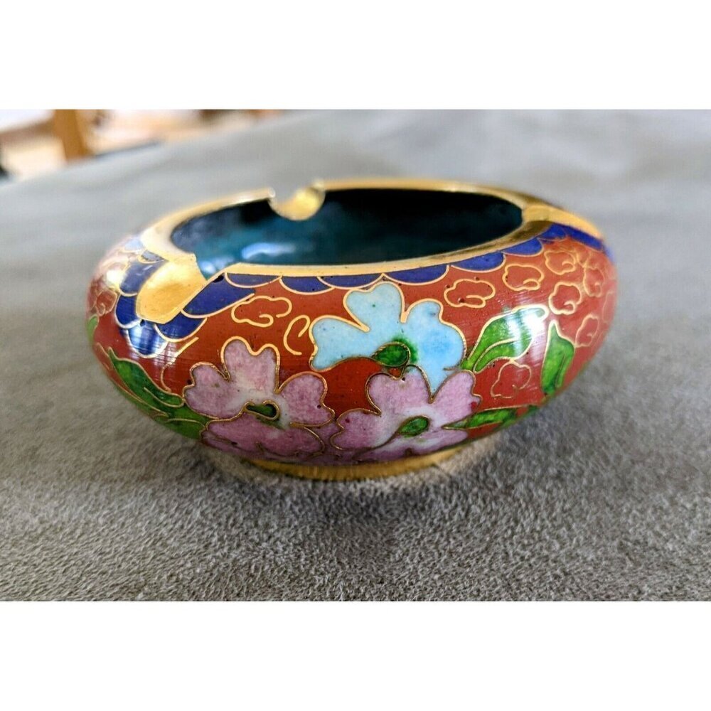 Chinese Antique Filigree enamel Red Flowers Pattern Ashtray Statue Cloisonne